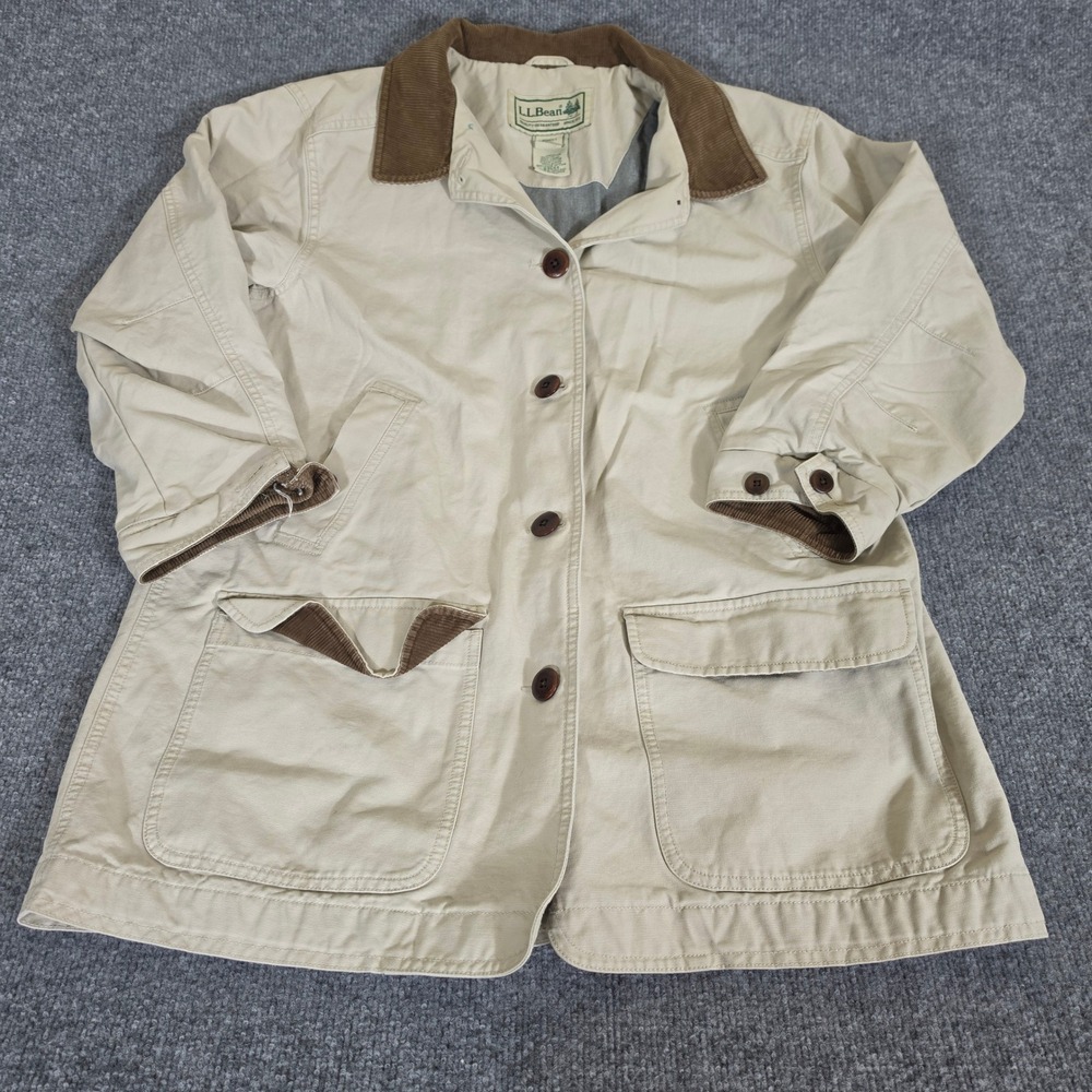 90s LL Bean Women Large Khaki Cotton Canvas Barn Field Coat Flannel Lined Fall
